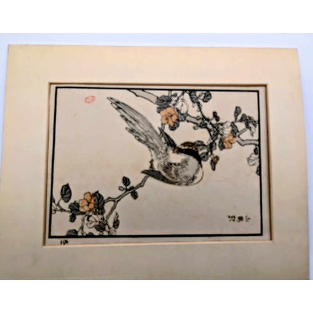Antique 1891 Japanese Woodblock Print Imao Keinen Kacho Gafu Sparrow on Branch